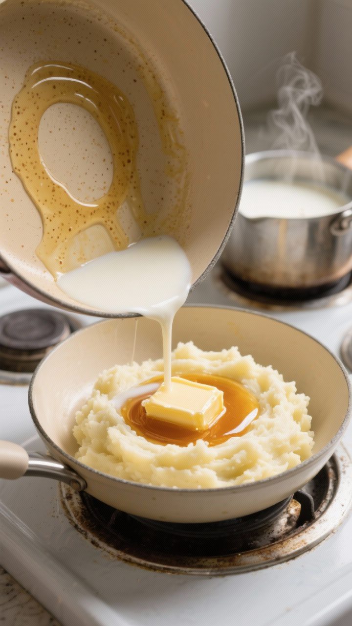 Mashed Potatoes 3 Ways: Classic, Brown Butter, Garlic Herb 1 Cooking process — Brown Butter Mashed Potatoes: A light-colored saucepan on a clean stovetop with
