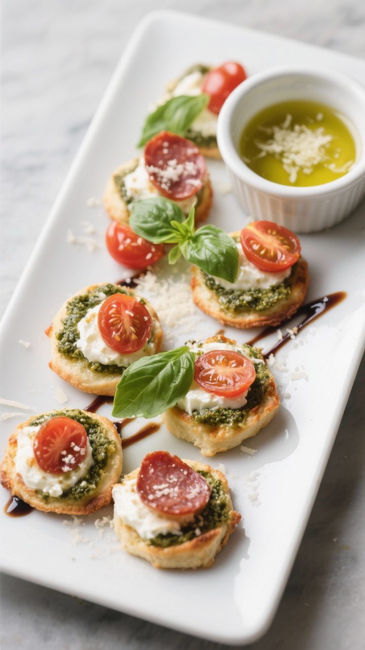 Mini Cottage Cheese Pizza Bites (High Protein, Low Carb) 3 Final dish presentation: Restaurant-quality plating of Mini Cottage Cheese Pizza Bites on a sleek wh