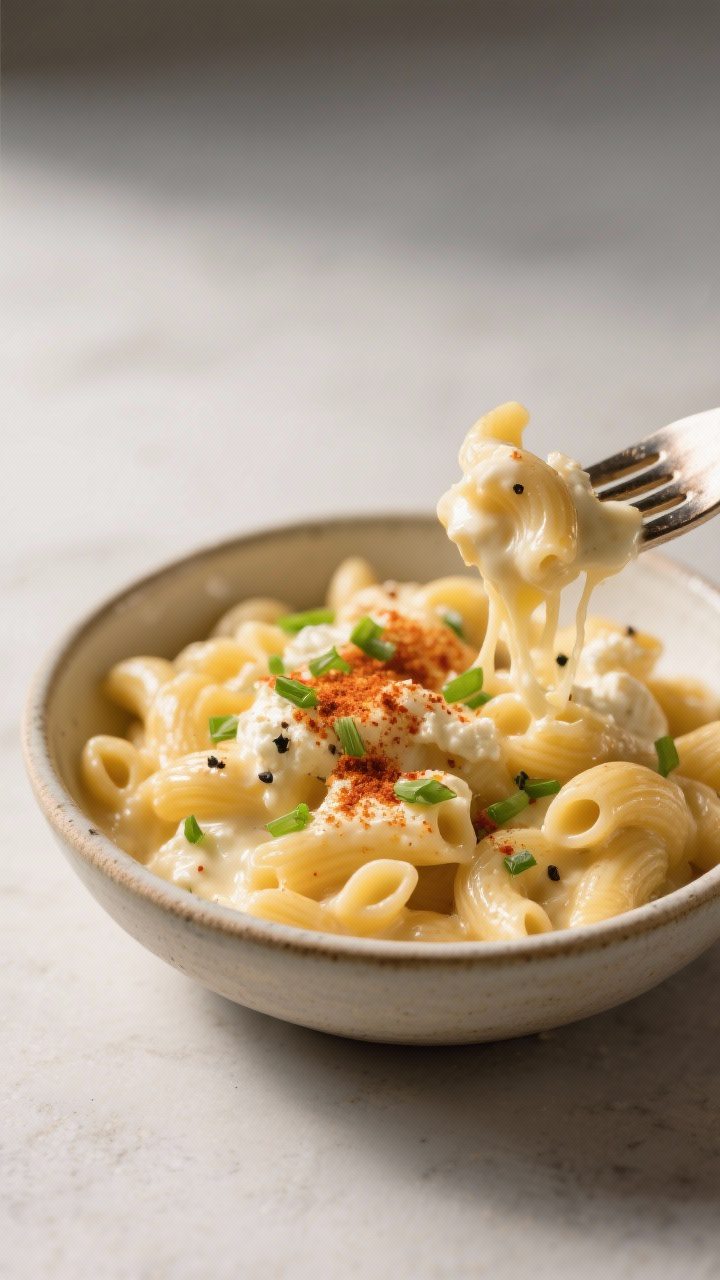 Cottage Cheese Mac and Cheese (High Protein!) That Tastes Like a Cheat Meal 3 Final plated dish: Restaurant-quality presentation of stovetop cottage cheese mac and cheese in a sh