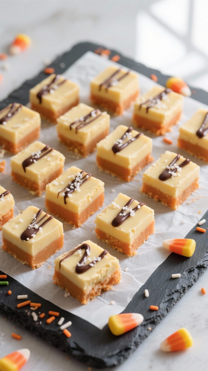 Candy Corn Fudge in the Microwave (Perfect Slices Every Time) 2 Overhead final presentation: Bakery-clean squares of Candy Corn Fudge arranged in a tight grid on wh