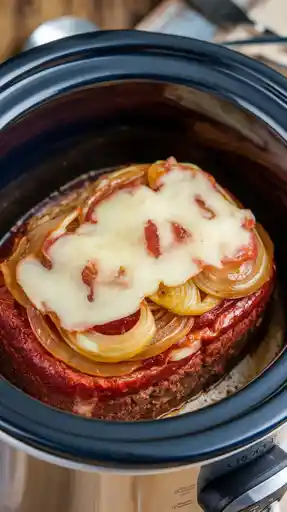 Crockpot French Onion Meatloaf with Melted Swiss