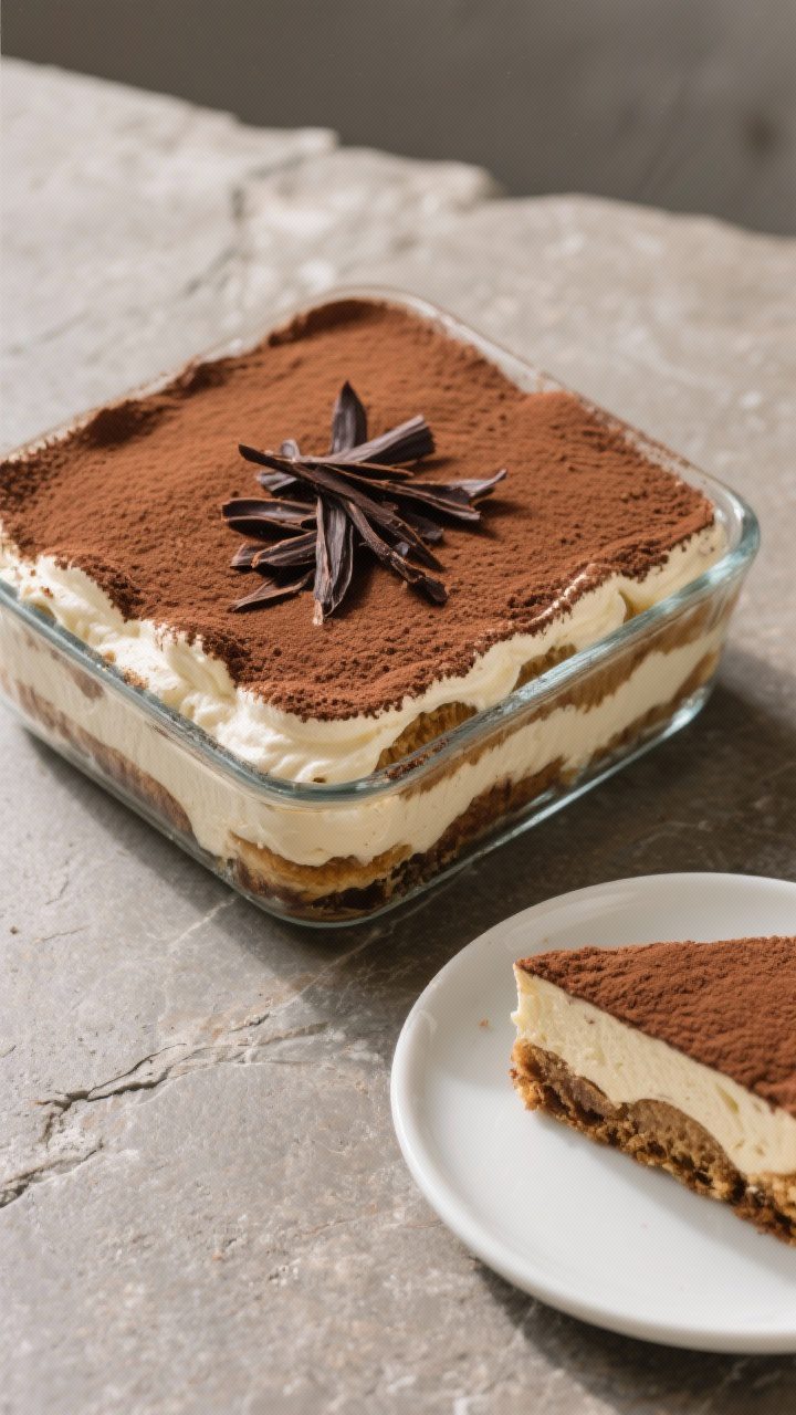 Easy No-Bake Tiramisu for Beginners: The Fancy Dessert You Can Make in Sweatpants 2 Final presentation overhead: An immaculate top-down shot of a chilled, set tiramisu just dusted with