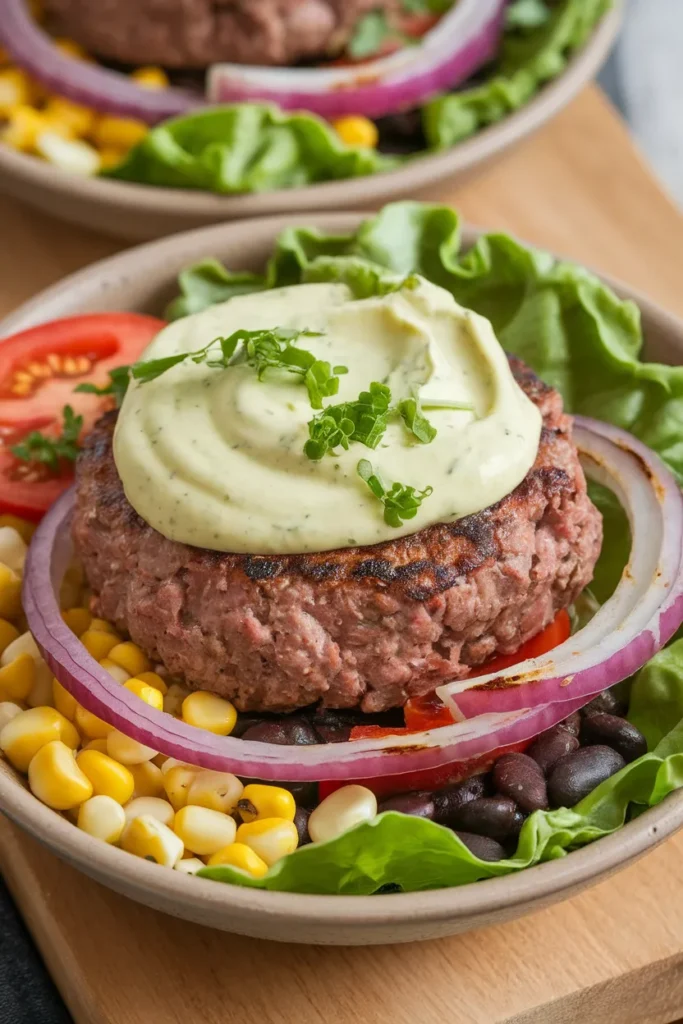 Chipotle Beef Burger Bowl with Lime Crema